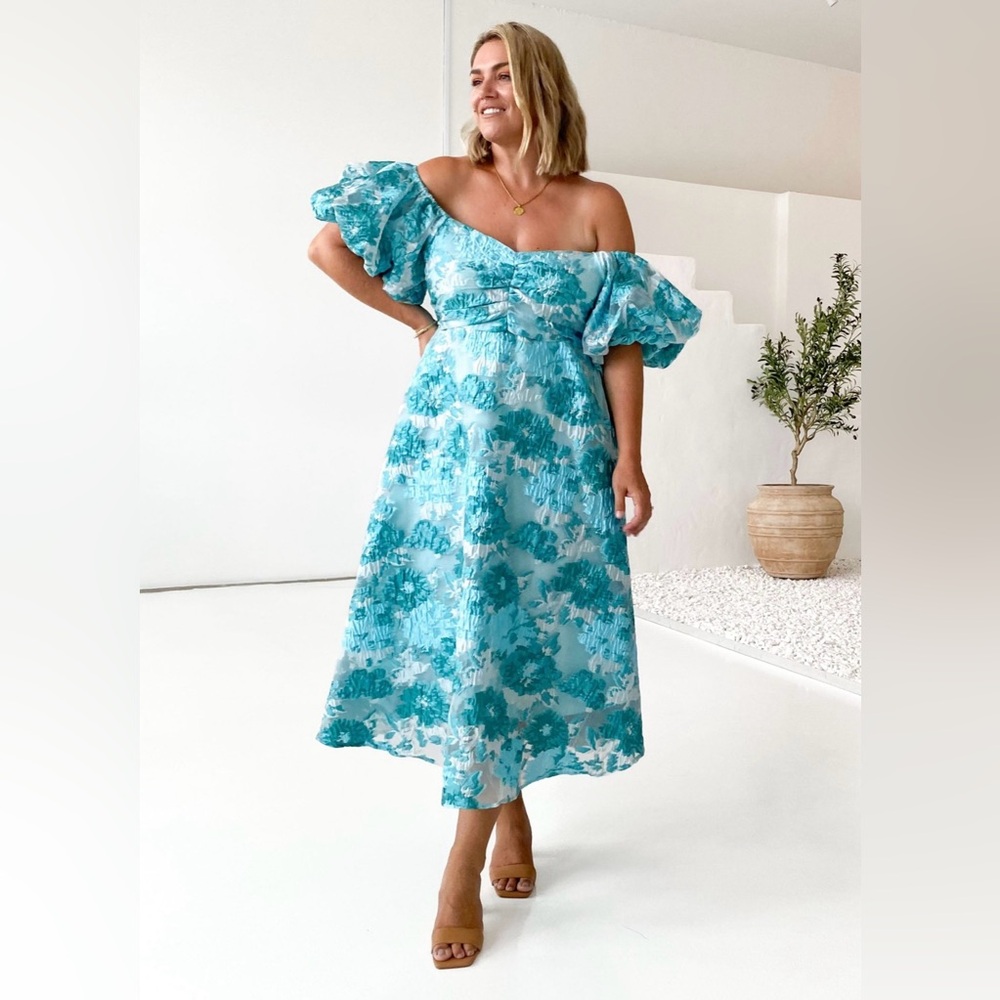 Simma Off Shoulder Midi Dress – Aqua Jacquard, NWT size 10
